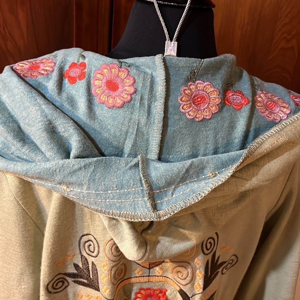 paparazzi Sage Green Hooded Embroidered Cardigan with Pink Floral Accents - Picture 3 of 11